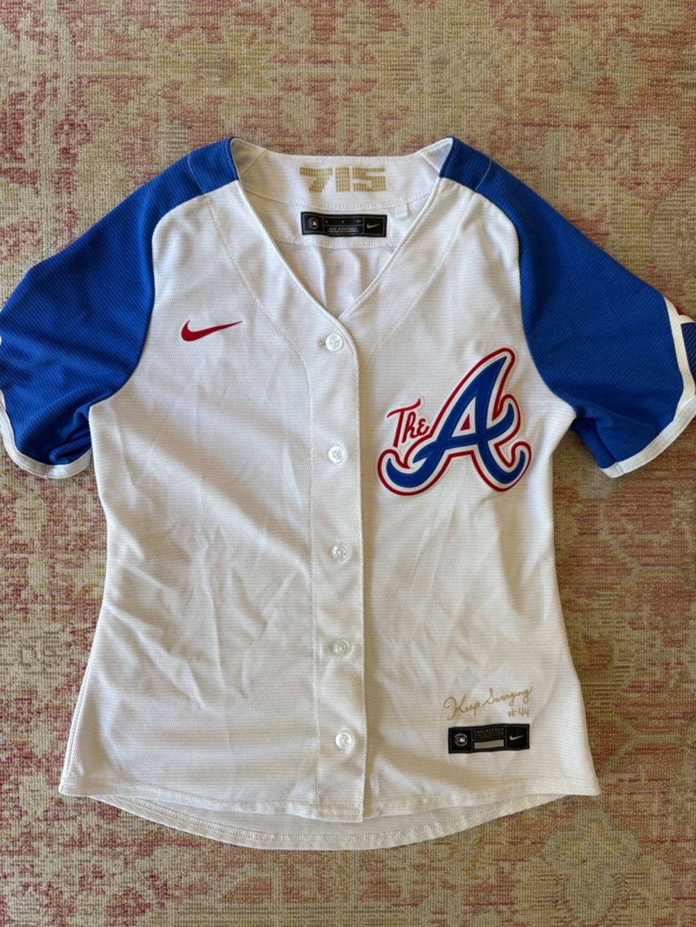 Nike White & Blue 'A' Kids Baseball Jersey with Red Swoosh